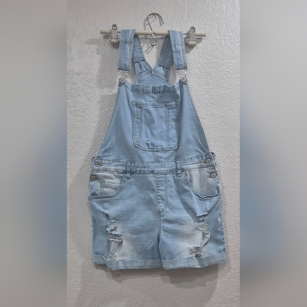 Light Blue Denim Overalls Shorts Size M/ L Destressed Y2k - Picture 11 of 11